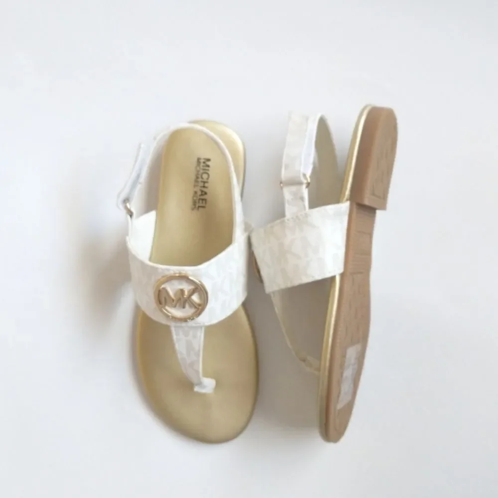 New! MICHAEL KORS Girls Marlie MK Logo T-Strap Sandals Shoe NWOB White Soft Gold